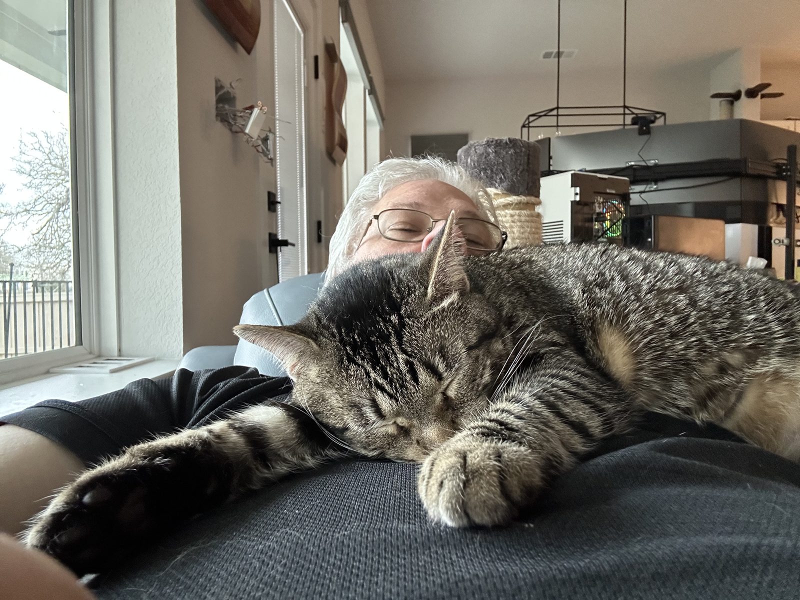 Jasper asleep on Ernie's chest, the pair of them horizontal beside a bright window.