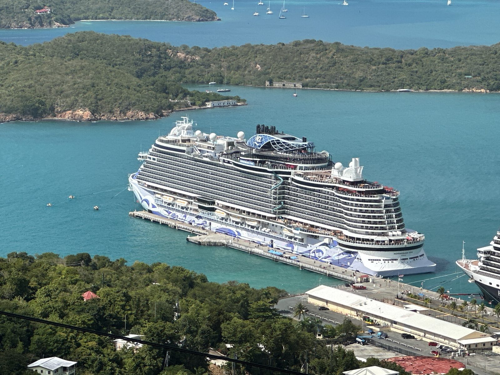 The Norwegian Viva at her berth in Charlotte Amalie, St Thomas, seen from the hillside above the harbour.