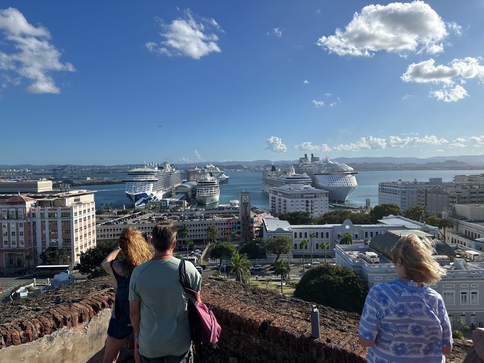 Four cruise ships in San Juan harbour, seen from the fort wall above Old San Juan.