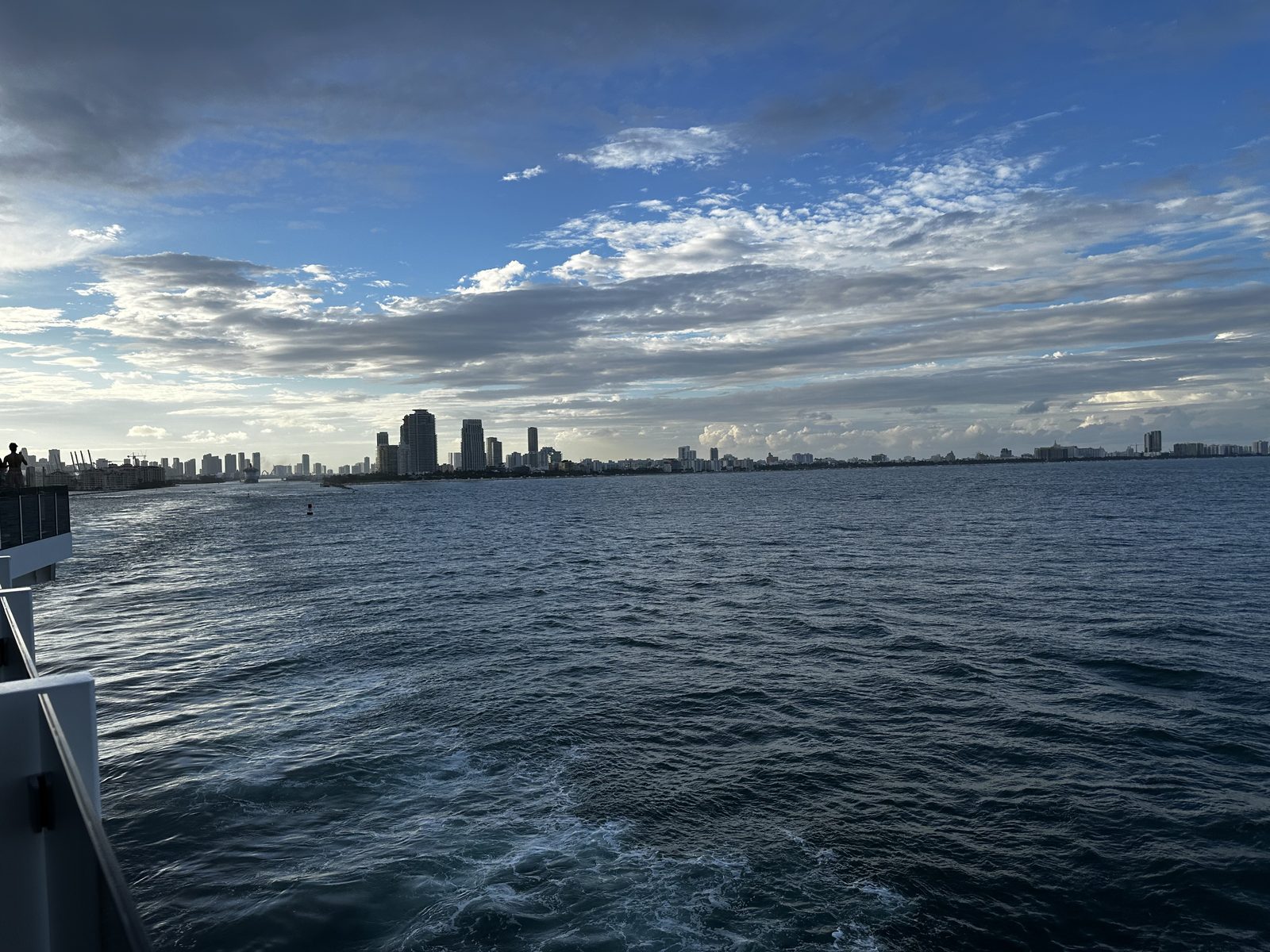 The Miami shoreline astern as the ship leaves port.