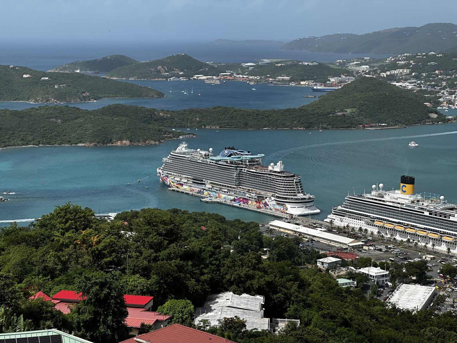 Charlotte Amalie from the hillside, the Norwegian Aqua and a Costa ship at the piers.